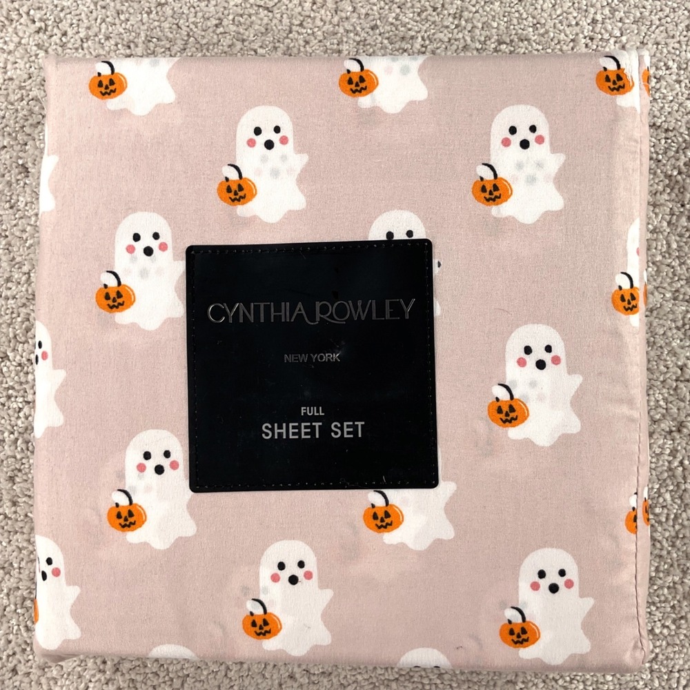 Cynthia Rowley Halloween Ghost Pumpkin Full Sheet Set Pink Microfiber 4pc NEW